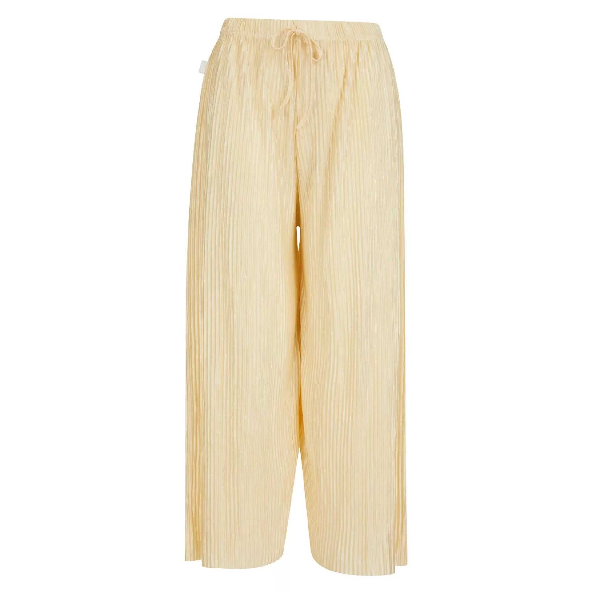 Ladies soft touch cropped trousers in cream – lightweight wide leg casual pants with elasticated drawstring waist.